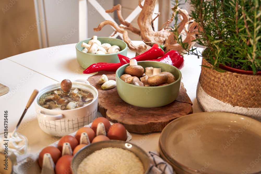 top view of the table with ingredients for cooking potatoes with mushrooms top view of the table with ingredients for cooking potatoes with mushrooms