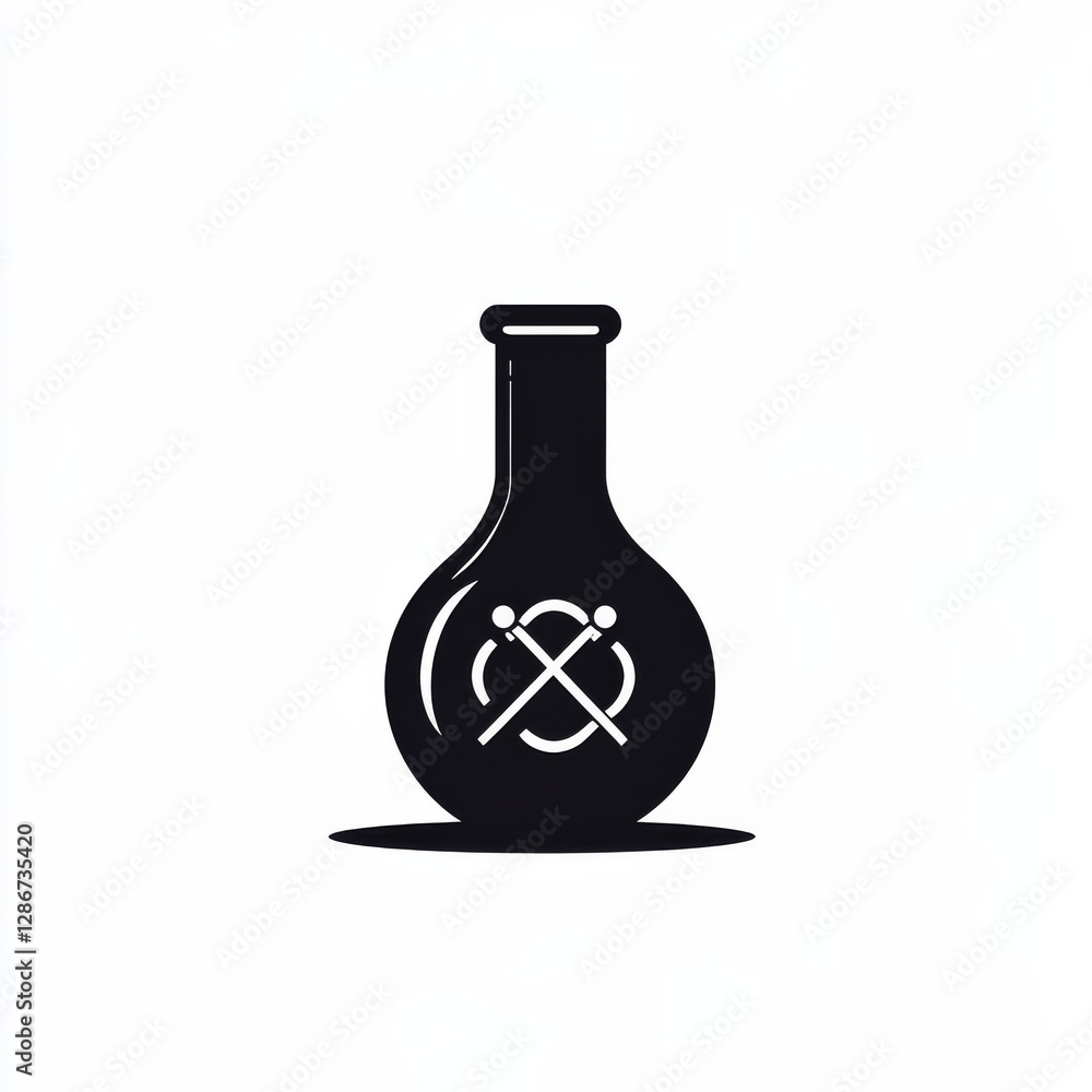 Black and white image of a laboratory flask with crossed wands symbol, minimalist science icon art. Black and white image of a laboratory flask with crossed wands symbol, minimalist science icon art.