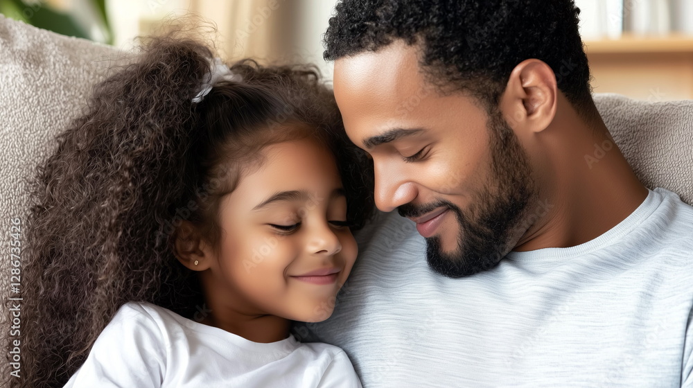 A father and daughter sharing a tender moment on a cozy couch A father and daughter sharing a tender moment on a cozy couch
