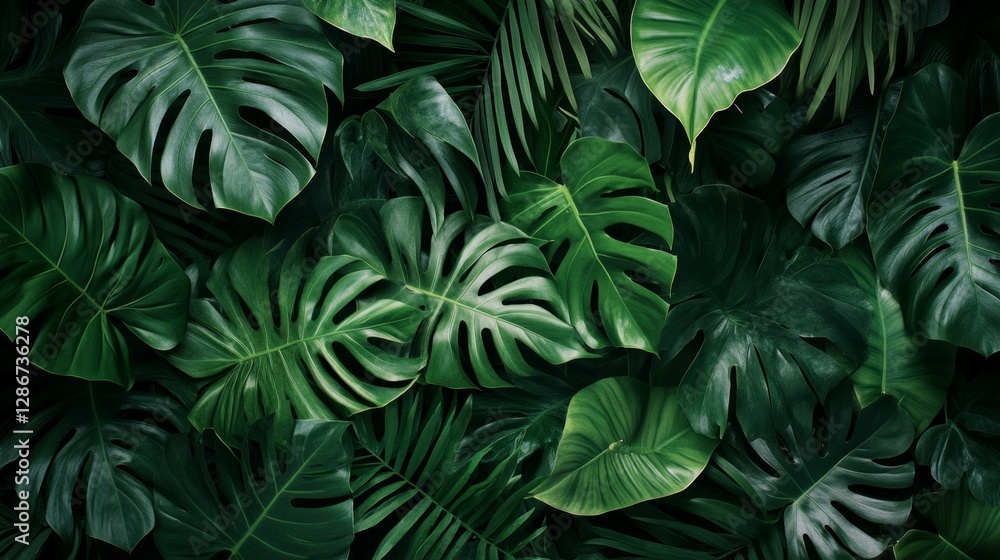 Lush, verdant tropical plant background, with fern and monstera leaves textures, a floral wallpaper. Lush, verdant tropical plant background, with fern and monstera leaves textures, a floral wallpaper.