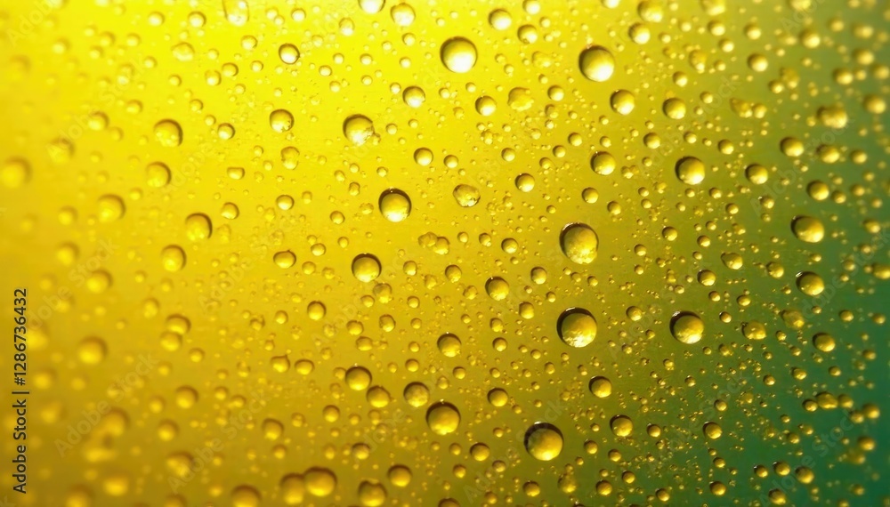 Water droplets on yellow glass surface forming a misty veil, liquid, condensation Water droplets on yellow glass surface forming a misty veil, liquid, condensation