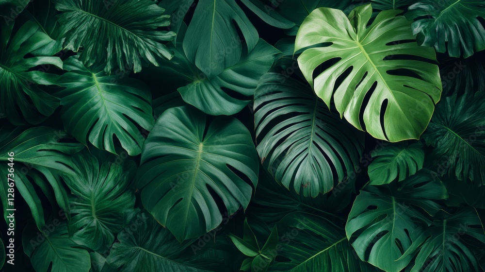 Lush, verdant tropical plant background, with fern and monstera leaves textures, a floral wallpaper. Lush, verdant tropical plant background, with fern and monstera leaves textures, a floral wallpaper.