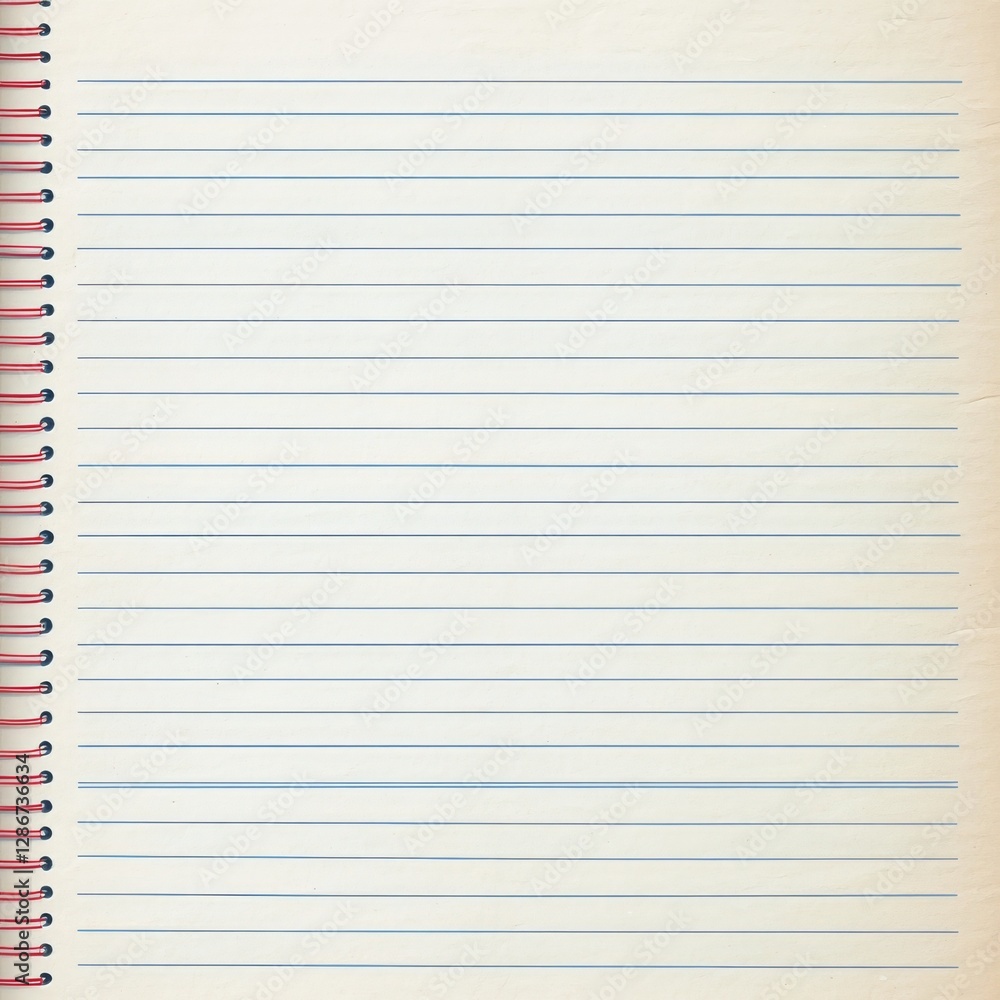 Blank Lined Notebook Page with Red Spiral Binding, Ready for Notes, Ideas, and Creative Writing on Textured Paper Surface Blank Lined Notebook Page with Red Spiral Binding, Ready for Notes, Ideas, and Creative Writing on Textured Paper Surface