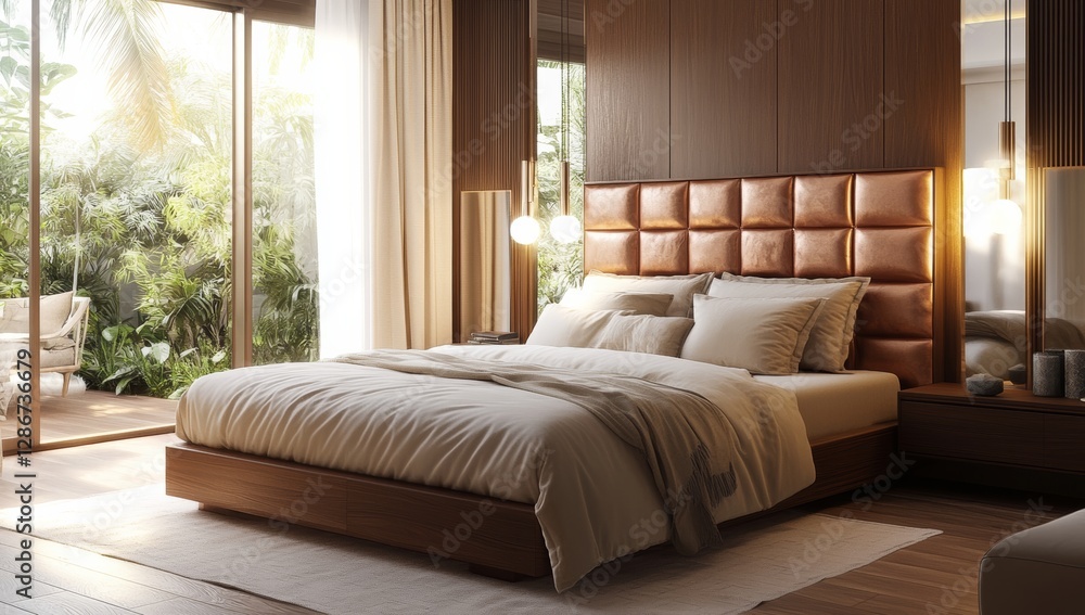Fototapeta premium Luxurious bedroom interior with a wooden flooring, and modern lighting fixtures.