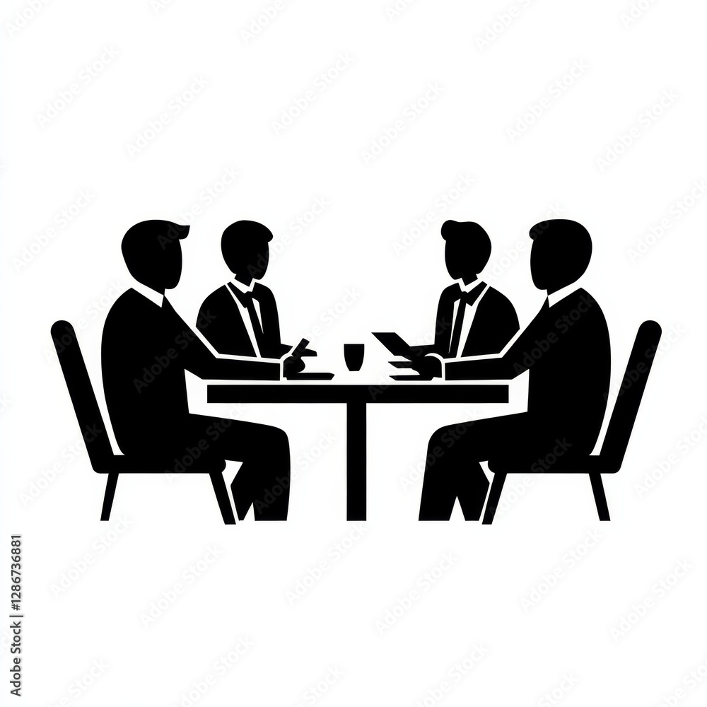 Business Meeting: Four Professionals Discussing Strategy Around a Table in a Black and White Illustration Business Meeting: Four Professionals Discussing Strategy Around a Table in a Black and White Illustration