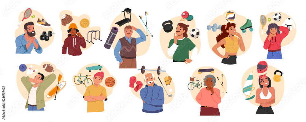 Dreamlike and thoughtful people characters choosing sport, selecting different physical activity set Dreamlike and thoughtful people characters choosing sport, selecting different physical activity set