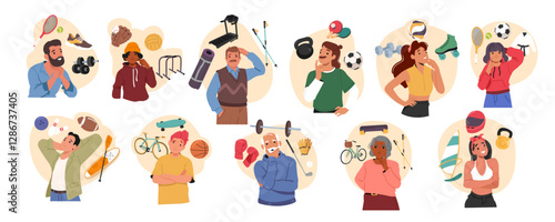 Dreamlike and thoughtful people characters choosing sport, selecting different physical activity set
