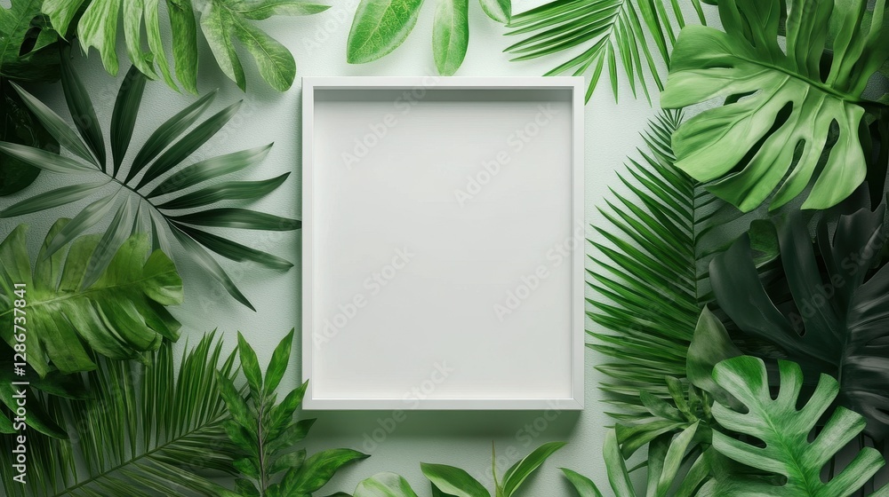 A blank white frame surrounded by vibrant green tropical leaves, creating a fresh and natural aesthetic. A blank white frame surrounded by vibrant green tropical leaves, creating a fresh and natural aesthetic.