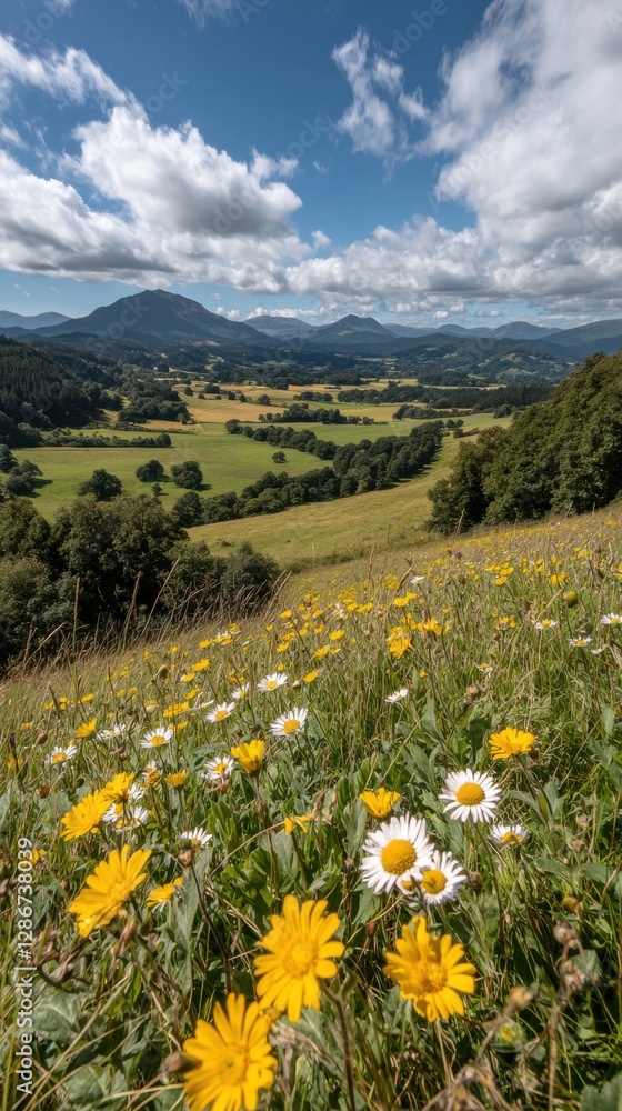 Obraz premium Vibrant floral landscape with yellow daisies and white flowers against a scenic mountainous background
