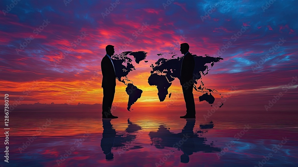 Fototapeta premium International business partners silhouetted under a vibrant world map at sunset.