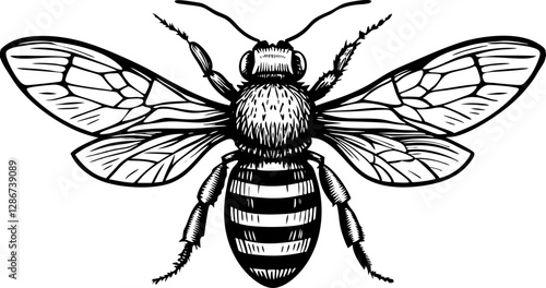 Honey bee with intricate details, showcasing its wings, legs, and striped body in a realistic style sketch engraving vector