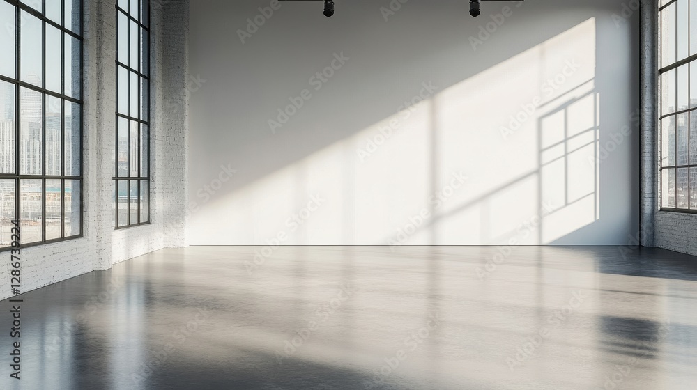 Fototapeta premium A bright and spacious empty loft with large windows casting shadows on the polished floor.