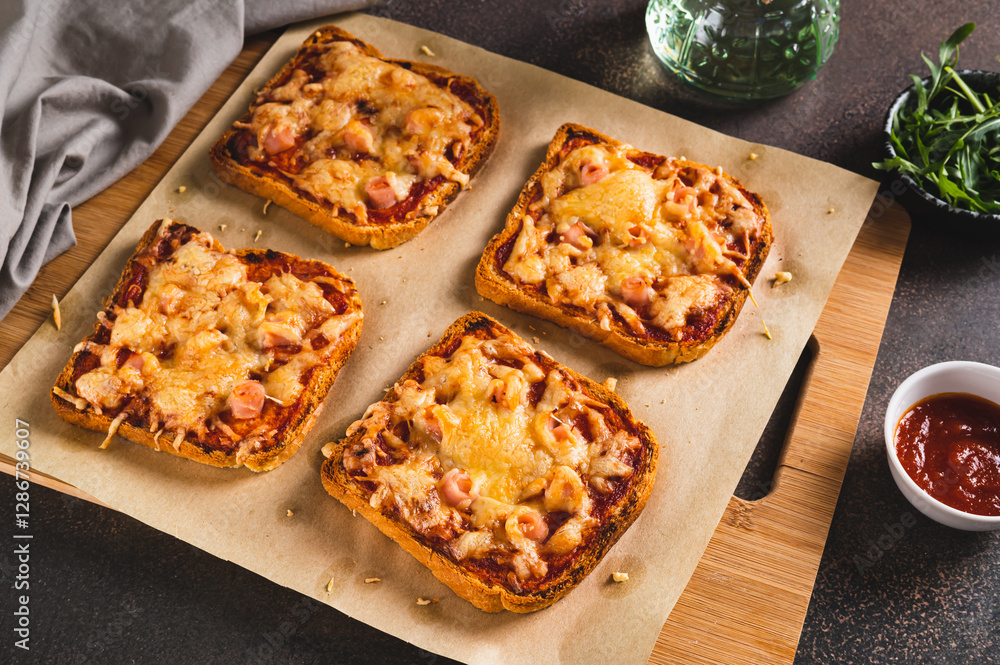 Homemade bread pizza with bacon and cheese on a board on the table Homemade bread pizza with bacon and cheese on a board on the table