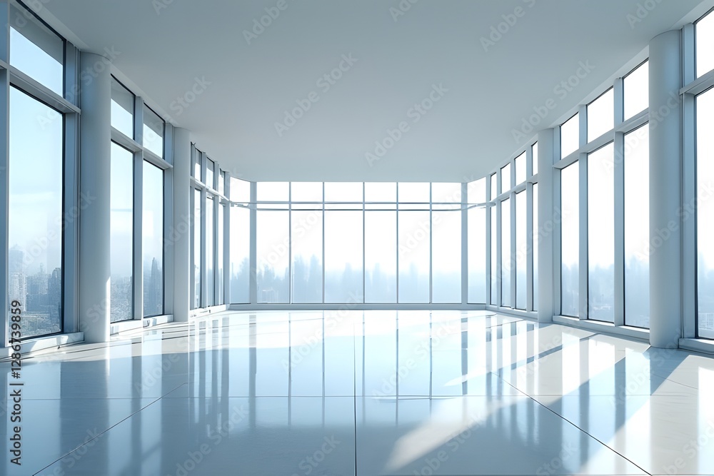 Fototapeta premium Spacious Room with Panoramic City View and Polished Floor
