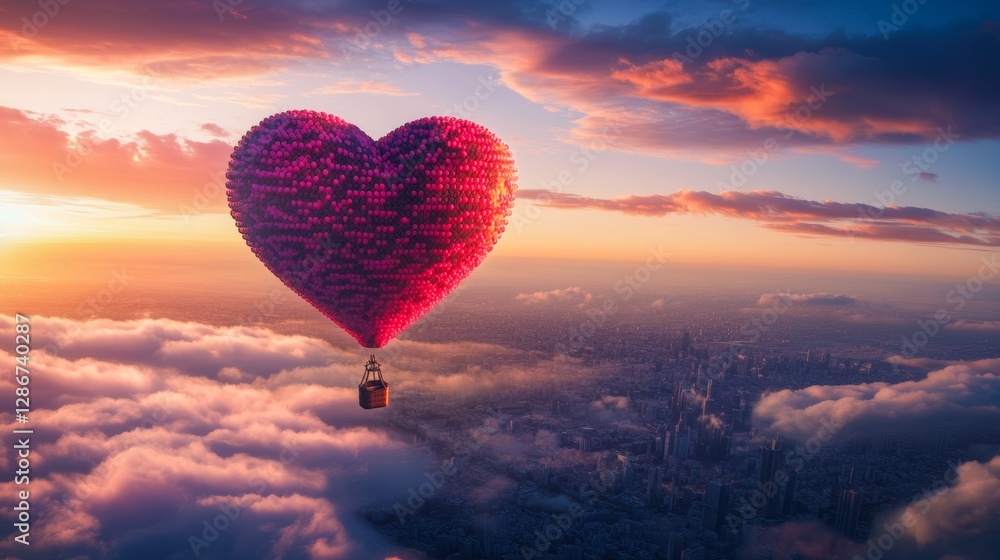 Fototapeta premium Hot air balloon shaped like a heart floating in the sky with clouds and a cityscape below.