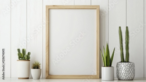 Stylish home decor with a blank wooden frame and various potted plants, creating a fresh and inviting atmosphere.