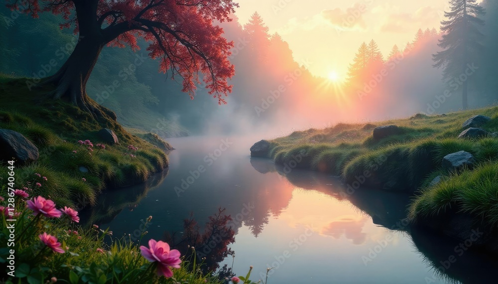 Fototapeta premium Misty dawn surrounds Fairy Pools with serene water, nature, UK, serenity