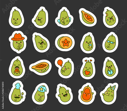 Adorable cartoon kawaii papaya fruit character set featuring various emotions, cute accessories, and playful expressions perfect for food themed illustrations and for yours creative designs