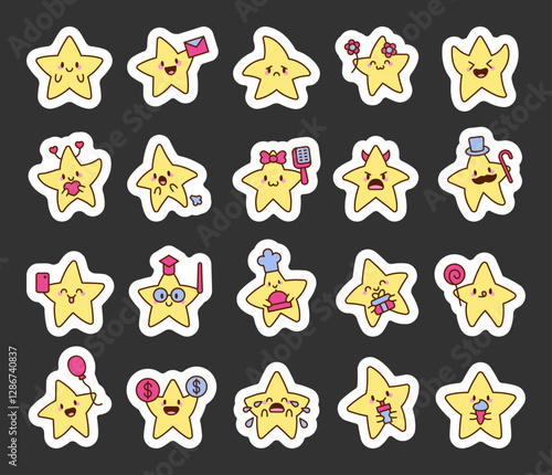 Star characters set with various emotions and accessories, including smiling, laughing, surprised, romantic, celebrating, and enjoying food, drinks, and festive moments in a cute kawaii cartoon style