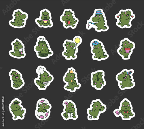 Cute crocodile character set showing different emotions, funny expressions, various accessories, and charming objects in pretty kawaii cartoon style for yours creative illustration