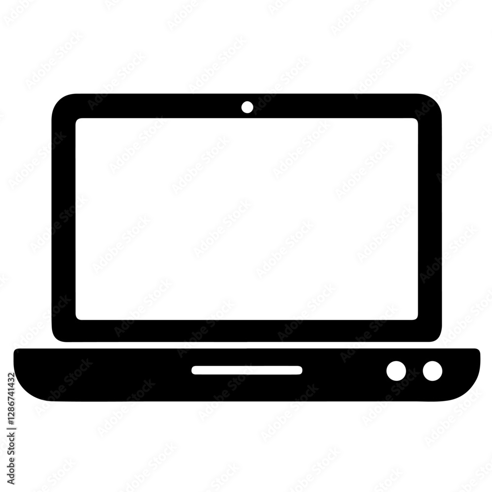 Solid black laptop vector icon with a white screen, featuring a minimalist design. Solid black laptop vector icon with a white screen, featuring a minimalist design.