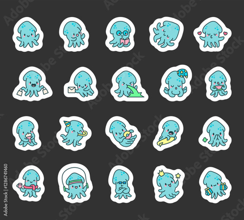 Squid emotions set featuring cute kawaii cartoon characters in various poses with accessories, fantasy elements, festive decorations, playful activities, and charming illustrations