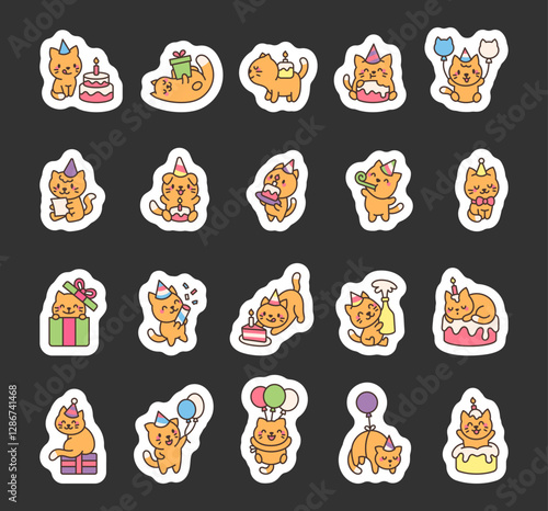 Cat birthday set with adorable wearing party hats, holding balloons, unwrapping gifts, playing with confetti, reading letters, popping champagne, and celebrating in a kawaii cartoon style.