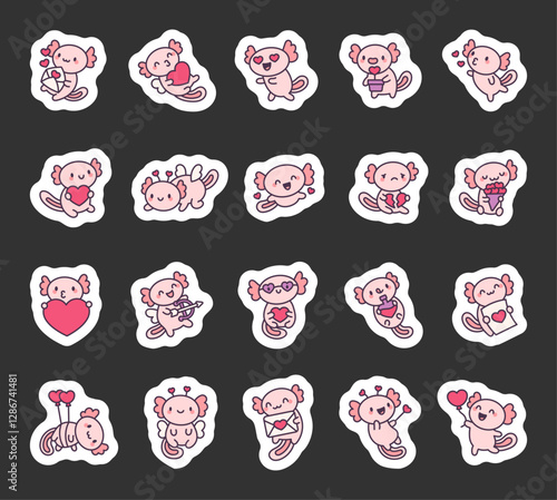 Set of charming axolotl valentines day characters celebrating love with hearts, wings, balloons, bouquet, and romantic gestures for joyful and heartfelt moments for yours design projects