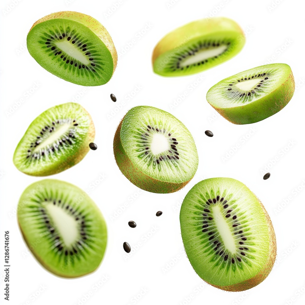 Fototapeta premium Fresh Kiwi Fruit Slices Floating in Air - A Refreshing and Vibrant Display of Healthy Tropical Delight, Perfect for Summer Treats!
