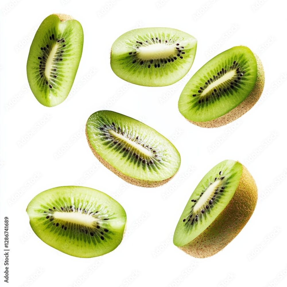 Fototapeta premium Fresh Kiwi Fruit Slices in Mid-Air: A Vibrant and Healthy Still Life Composition Against a Clean White Background