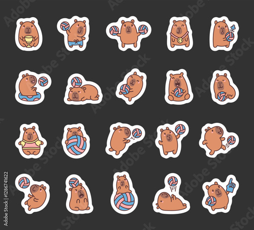 Capybara volleyball set featuring adorable athletes in various poses, playing with balls, wearing sports outfits, celebrating victories, and expressing different emotions