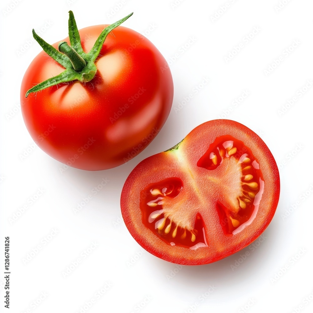 Fresh Red Tomatoes: Whole and Halved, showcasing the vibrant interior on a pristine white background. Fresh Red Tomatoes: Whole and Halved, showcasing the vibrant interior on a pristine white background.