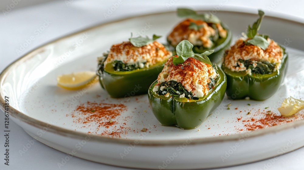 Artfully plated spinach and ricotta stuffed green peppers, with a dusting of smoked paprika and a hint of lemon zest, on a minimalist white plate Artfully plated spinach and ricotta stuffed green peppers, with a dusting of smoked paprika and a hint of lemon zest, on a minimalist white plate