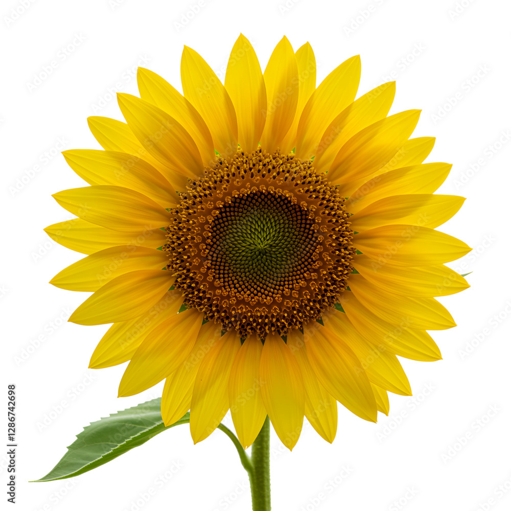 Fototapeta premium Yellow sunflower with detailed petals and intricate center pattern, isolated on a white background.