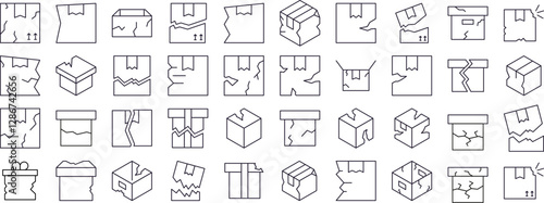 Broken Box Line Icon Set. Outline Signs for Graphic and Web Design, Apps, Adverts, Various Cards