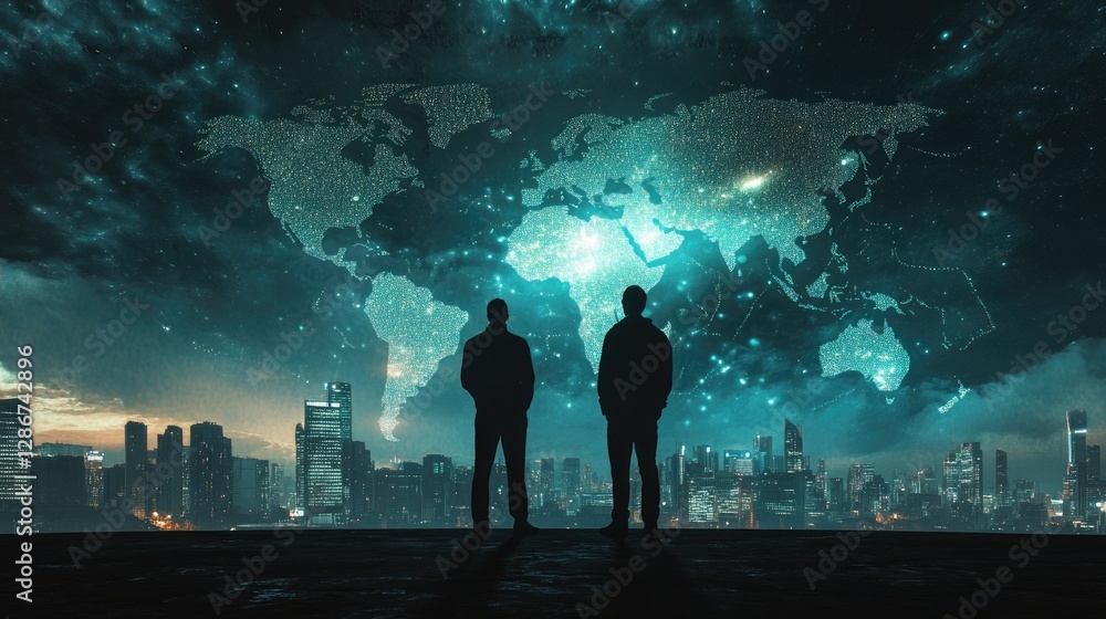 Fototapeta premium Silhouetted workers standing in front of a city skyline with a glowing world map, symbolizing corporate growth and expansion.