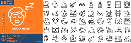 Good Nigth Line Editable Icons set. Vector illustration in modern thin line style of good night icons: sleeping, bedroom, dream, pillow, bed, alarm clock, etc