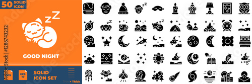 Good Nigth Solid Editable Icons set. Vector illustration in modern thin solid style of good night icons: sleeping, bedroom, dream, pillow, bed, alarm clock, etc