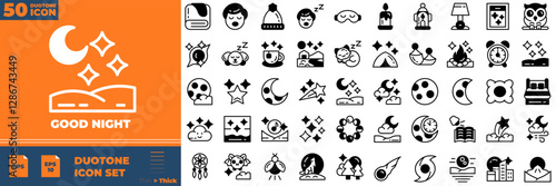 Good Nigth Duotone Editable Icons set. Vector illustration in modern thin duotone style of good night icons: sleeping, bedroom, dream, pillow, bed, alarm clock, etc