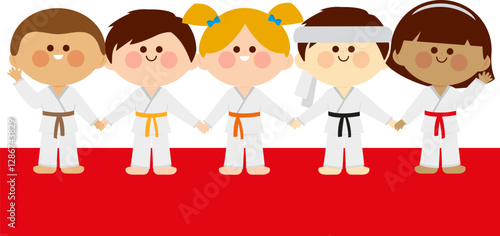 Karate kids athletes team, boys and girls. Diverse group of children in martial arts uniforms. Karate, Taekwondo, judo, jujitsu, kickboxing, or kung fu children athletes. Vector Illustration