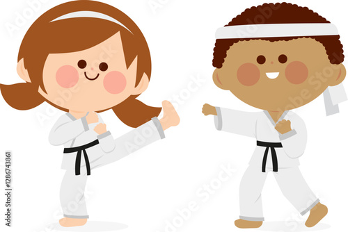 Children training, girl and boy karate athletes in martial arts uniforms. Karate, Taekwondo, judo, jujitsu, kickboxing, or kung fu suits. Vector illustration