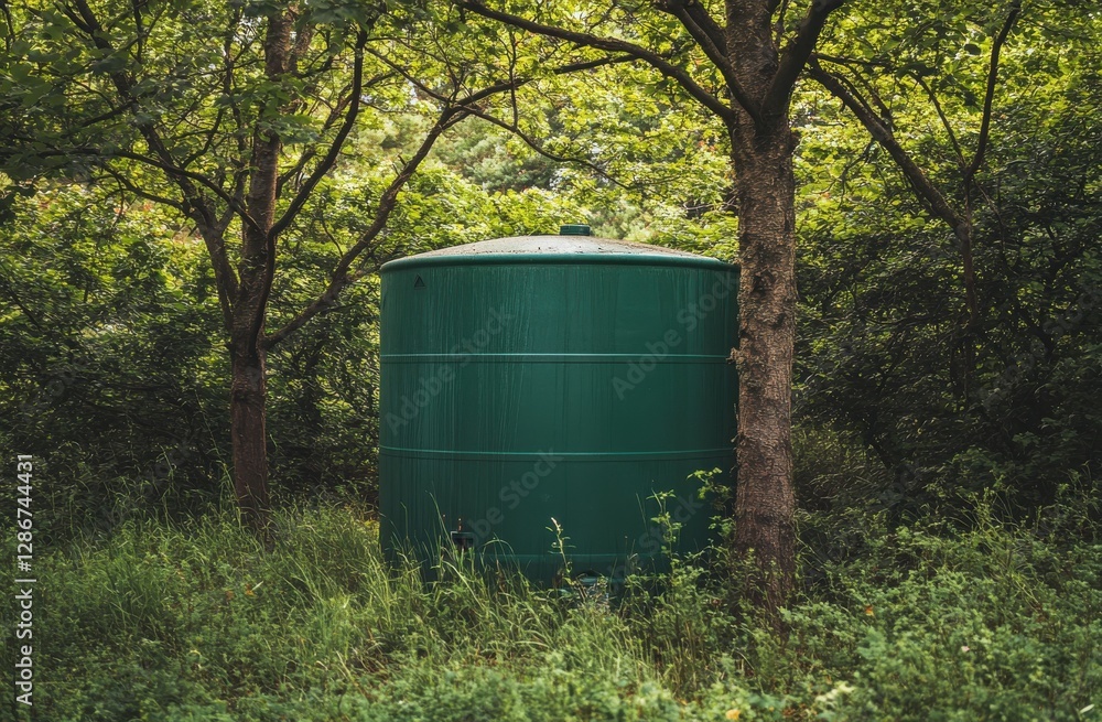 A green plastic water tank stands in the forest, surrounded by trees and grass A green plastic water tank stands in the forest, surrounded by trees and grass