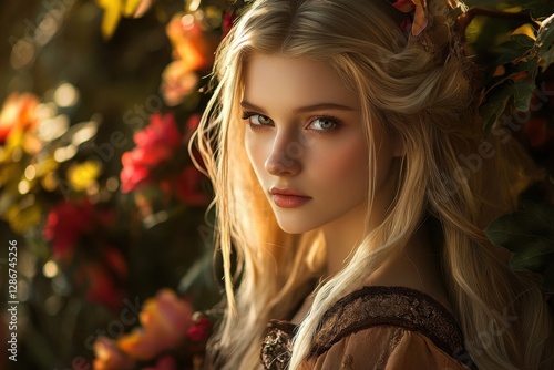 A photograph of an ethereal fairy tale scene featuring a beautiful blonde woman with long hair, wearing an intricate dress and delicate makeup, surrounded by vibrant flowers and soft lighting.
