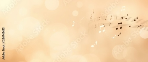 Musical notes on a staff appear against a soft, blurry, peach-toned backdrop filled with bokeh effects.