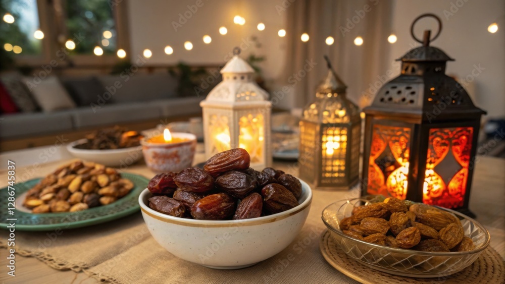 Ramadan Kareem iftar setup with a bowl of dried dates, glowing lanterns, and candles, creating a warm holiday celebration atmosphere.
Ramadan Kareem iftar setup with a bowl of dried dates, glowing lanterns, and candles, creating a warm holiday celebration atmosphere.