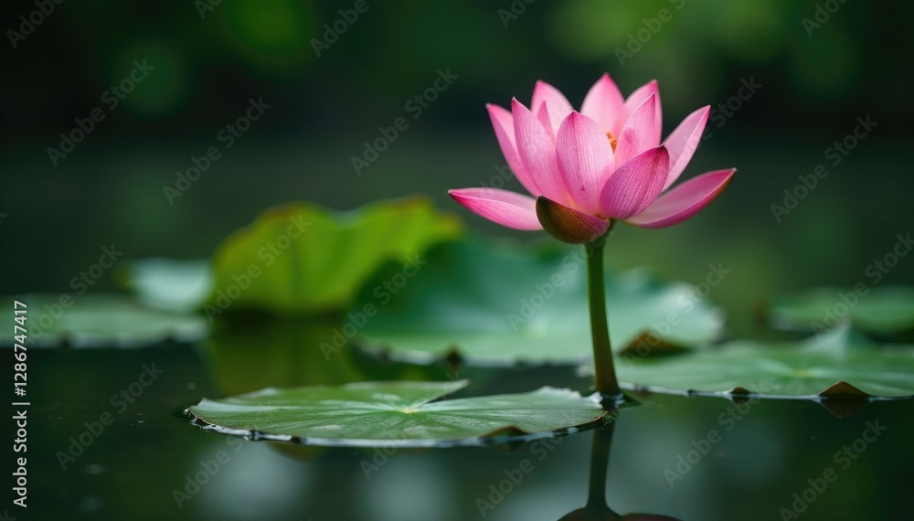 Fototapeta premium Water lily with long green stem emerging from murky swamp water, murky, wetland, muddy