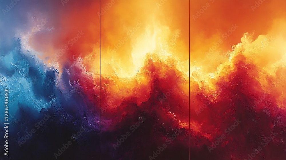 Naklejka premium Fiery abstract cloudscape intensely glows with vibrant orange and blue hues. AI Generated