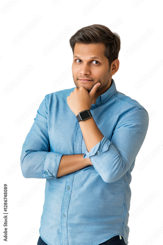 Thoughtful Young Man in Blue Shirt Posing with Hand on Chin – Pensive and Confident Male with Smartwatch, Expressing Curiosity and Deep Thinking on Transparent Background, PNG Cutout Thoughtful Young Man in Blue Shirt Posing with Hand on Chin – Pensive and Confident Male with Smartwatch, Expressing Curiosity and Deep Thinking on Transparent Background, PNG Cutout
