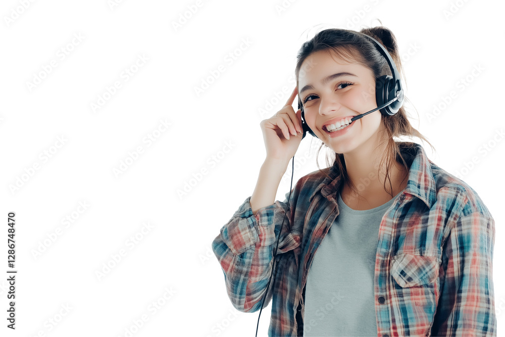 Smiling Young Woman with Headset on Transparent Background – Customer Service Representative or Call Center Agent in Casual Plaid Shirt Using Microphone Headphones for Communication, PNG Cutout Smiling Young Woman with Headset on Transparent Background – Customer Service Representative or Call Center Agent in Casual Plaid Shirt Using Microphone Headphones for Communication, PNG Cutout