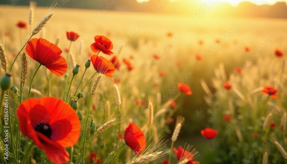 Vines of red poppy flowers intertwined with golden barley, wheat, wildflowers, flower fields Vines of red poppy flowers intertwined with golden barley, wheat, wildflowers, flower fields